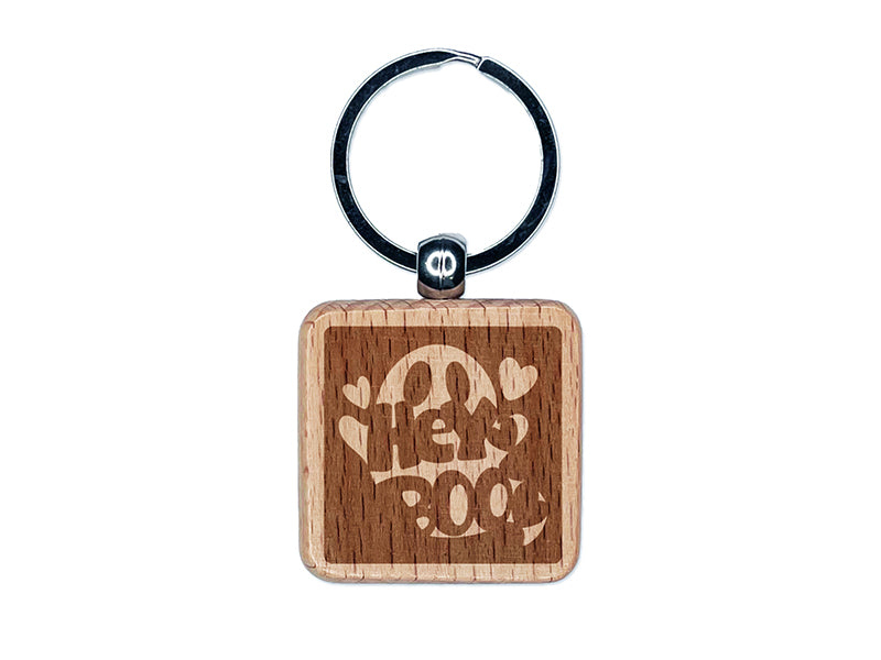 Hey Boo Ghost Halloween Engraved Wood Square Keychain Tag Charm