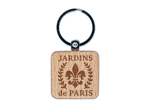 Jardins de Paris Fleur de Lis Engraved Wood Square Keychain Tag Charm