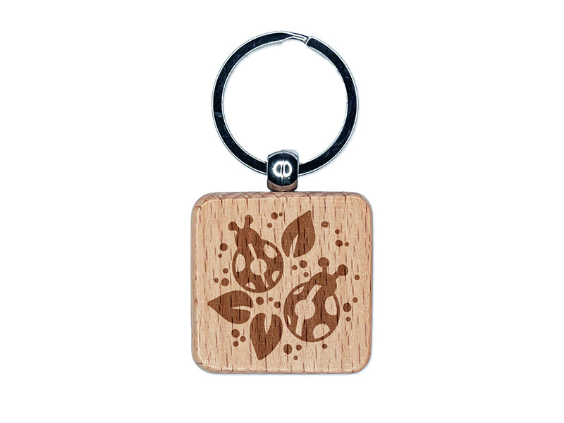 Ladybugs and Leaves Engraved Wood Square Keychain Tag Charm