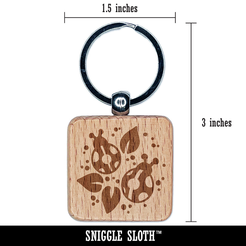 Ladybugs and Leaves Engraved Wood Square Keychain Tag Charm