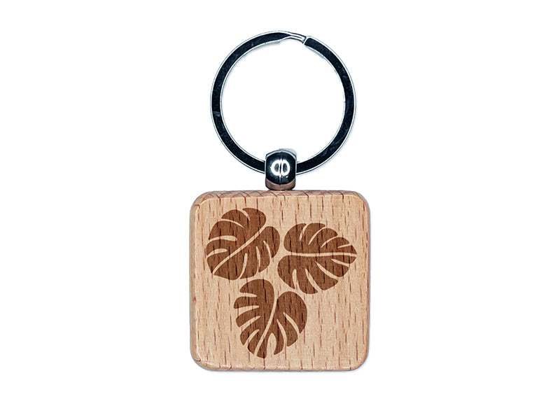 Monstera Leaves Trio Engraved Wood Square Keychain Tag Charm