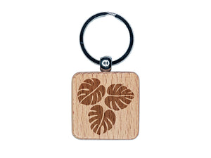 Monstera Leaves Trio Engraved Wood Square Keychain Tag Charm