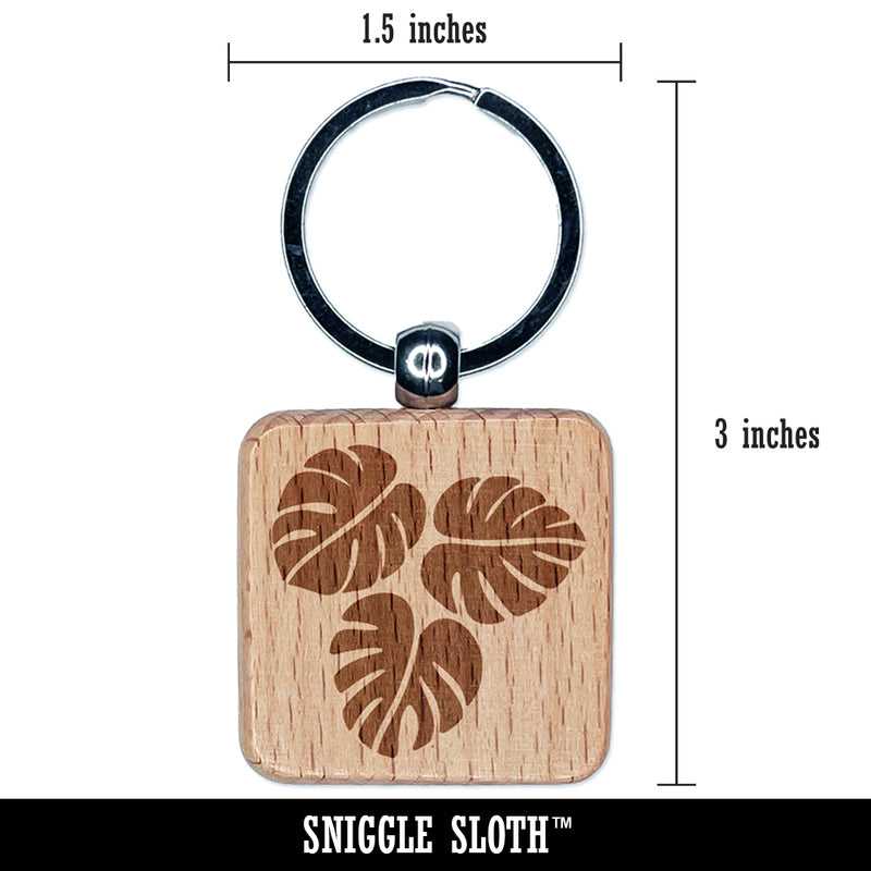Monstera Leaves Trio Engraved Wood Square Keychain Tag Charm