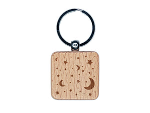 Moon and Stars Engraved Wood Square Keychain Tag Charm