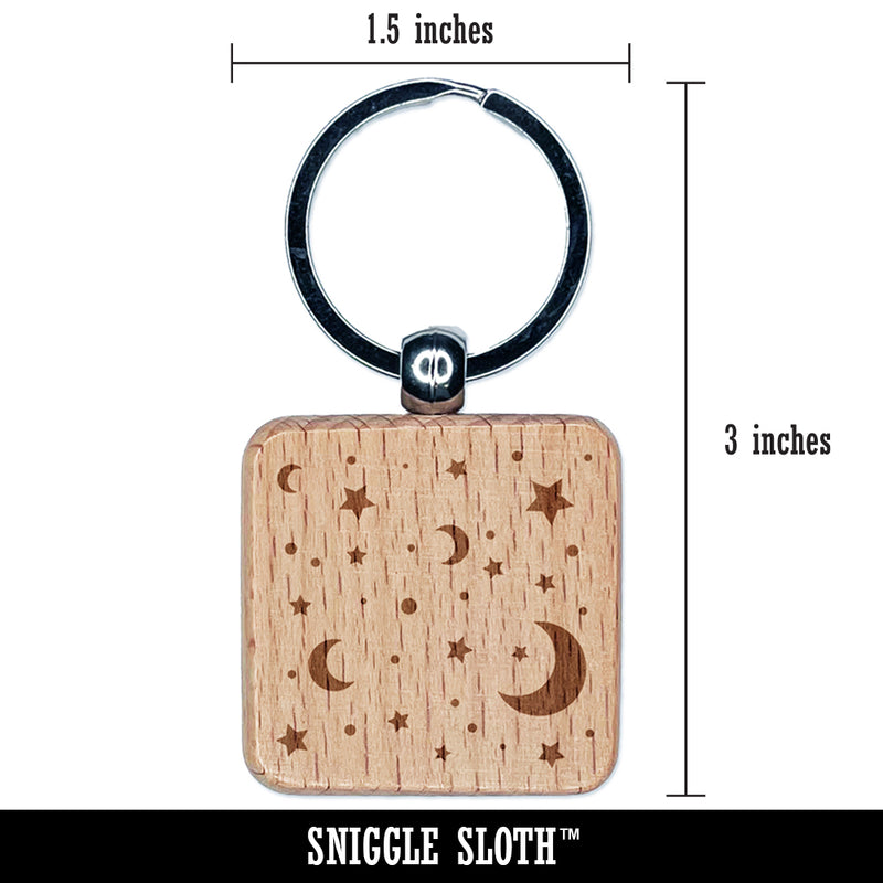 Moon and Stars Engraved Wood Square Keychain Tag Charm