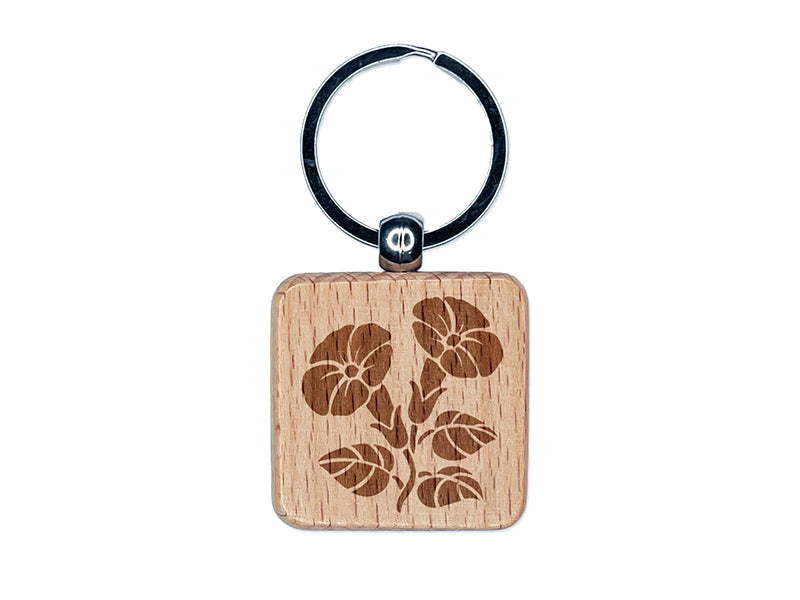 Morning Glory Flowers Engraved Wood Square Keychain Tag Charm