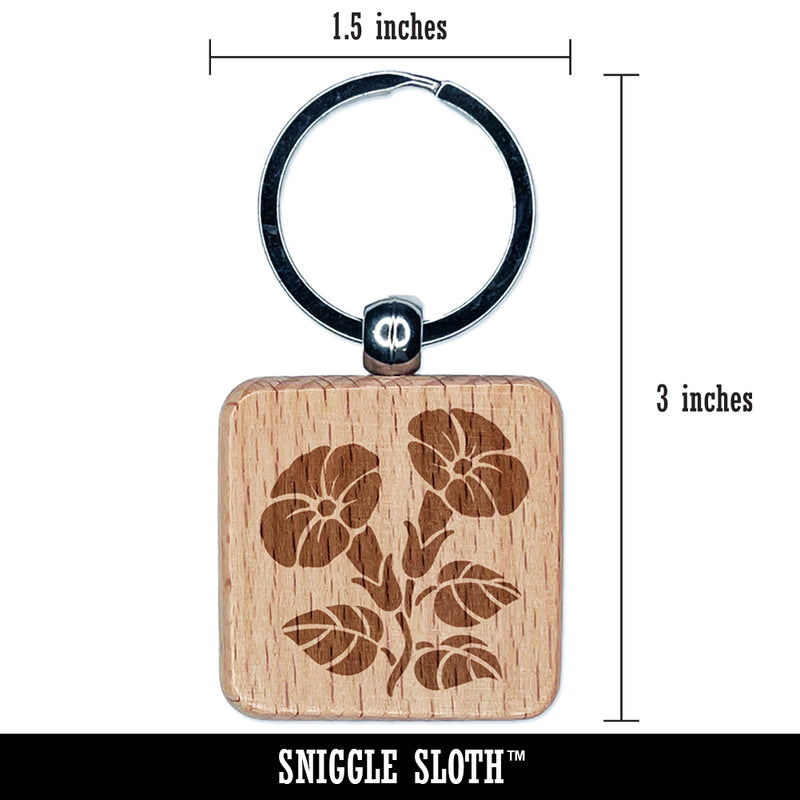 Morning Glory Flowers Engraved Wood Square Keychain Tag Charm