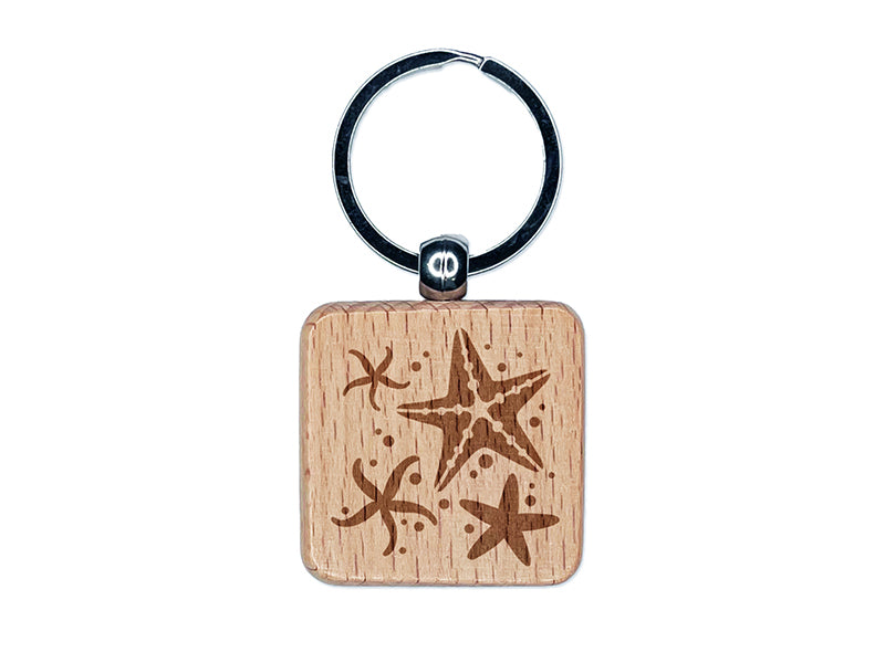 Ocean Starfish Sea Stars Engraved Wood Square Keychain Tag Charm