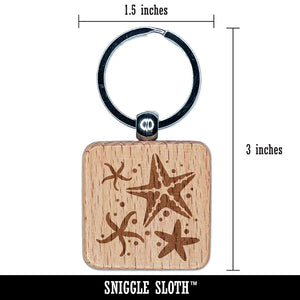 Ocean Starfish Sea Stars Engraved Wood Square Keychain Tag Charm