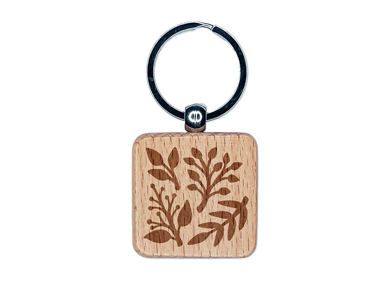 Plant Foliage Leaves Branches Engraved Wood Square Keychain Tag Charm