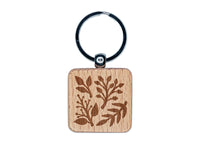 Plant Foliage Leaves Branches Engraved Wood Square Keychain Tag Charm