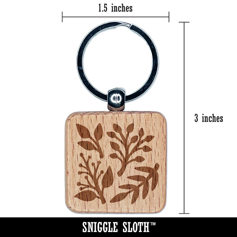 Plant Foliage Leaves Branches Engraved Wood Square Keychain Tag Charm