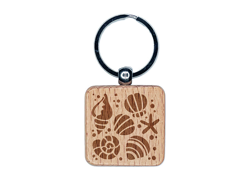 Seashells and Starfish Engraved Wood Square Keychain Tag Charm