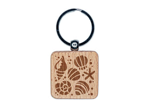 Seashells and Starfish Engraved Wood Square Keychain Tag Charm