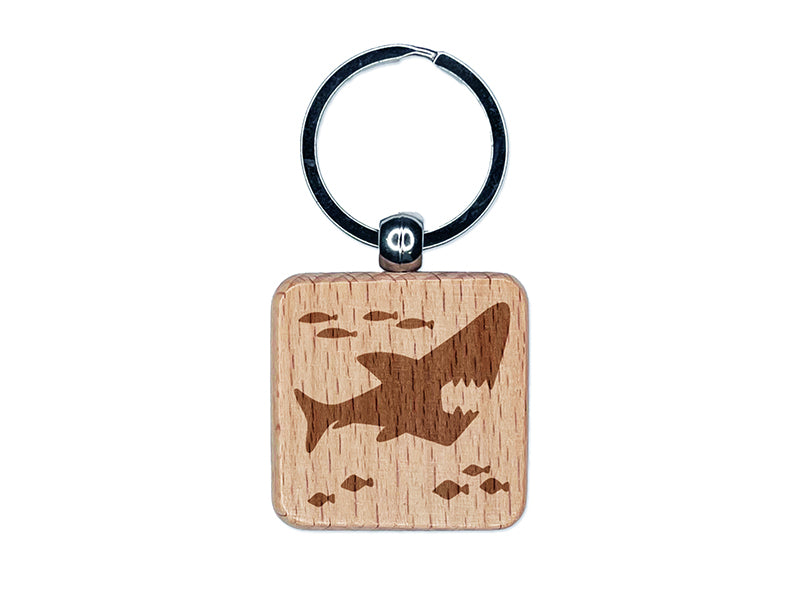 Shark and School of Fish Engraved Wood Square Keychain Tag Charm