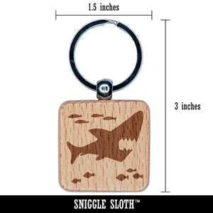 Shark and School of Fish Engraved Wood Square Keychain Tag Charm