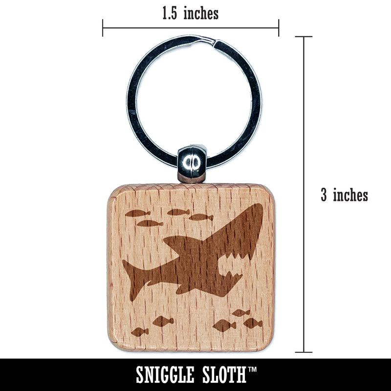 Shark and School of Fish Engraved Wood Square Keychain Tag Charm