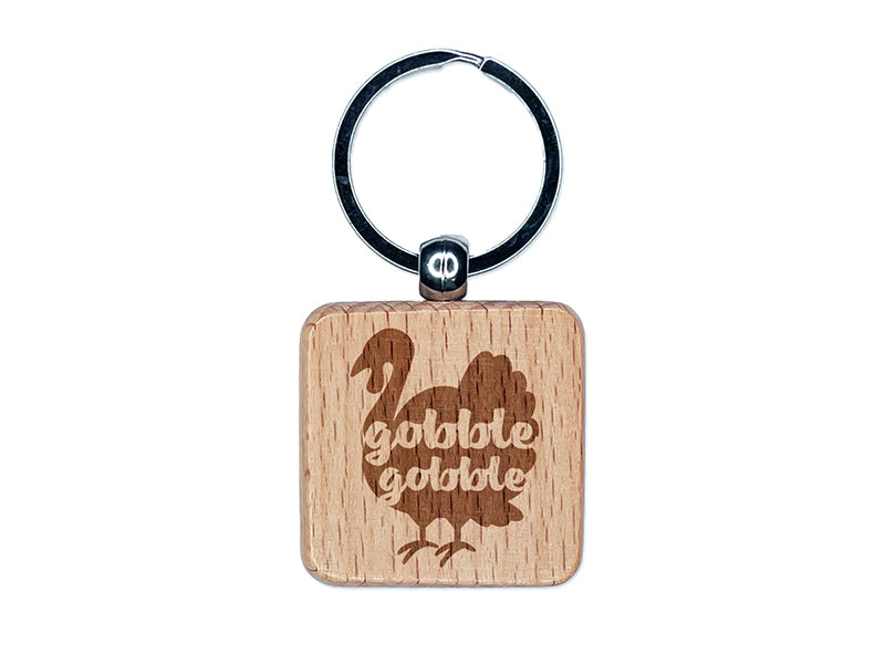 Thanksgiving Turkey Silhouette Gobble Gobble Engraved Wood Square Keychain Tag Charm