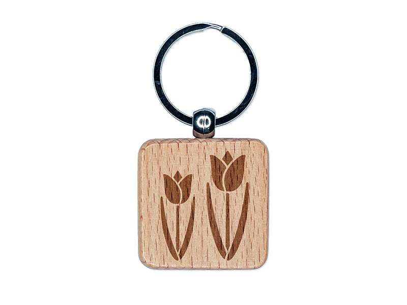 Tulip Pair Engraved Wood Square Keychain Tag Charm