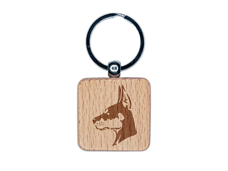 Alert Doberman Pinscher Guard Dog Engraved Wood Square Keychain Tag Charm