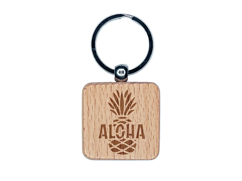 Aloha Pineapple Tropical Fruit Hawaii Engraved Wood Square Keychain Tag Charm