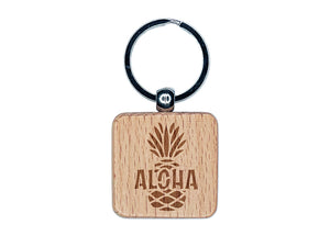 Aloha Pineapple Tropical Fruit Hawaii Engraved Wood Square Keychain Tag Charm