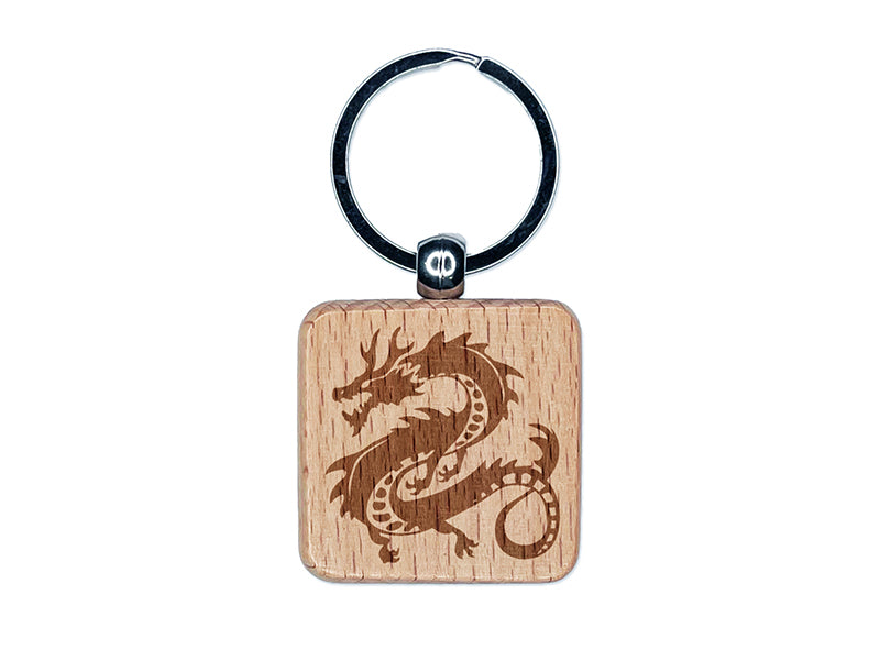 Asian Long Dragon Chinese Mythological Creature Engraved Wood Square Keychain Tag Charm