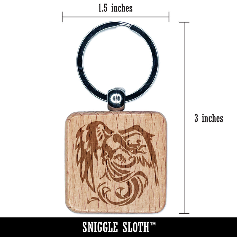 Asian Phoenix Fenghuang Chinese Mythological Creature Engraved Wood Square Keychain Tag Charm