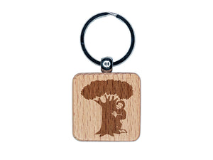 Bigfoot Sasquatch Hiding Behind Tree Engraved Wood Square Keychain Tag Charm