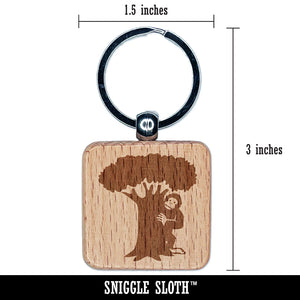 Bigfoot Sasquatch Hiding Behind Tree Engraved Wood Square Keychain Tag Charm