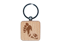 Bigfoot Sasquatch Silhouette in Footprint Engraved Wood Square Keychain Tag Charm