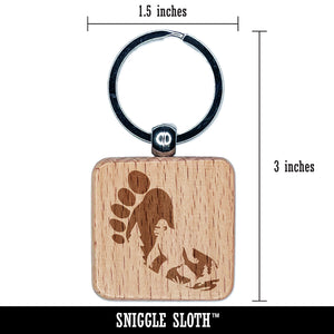 Bigfoot Sasquatch Silhouette in Footprint Engraved Wood Square Keychain Tag Charm