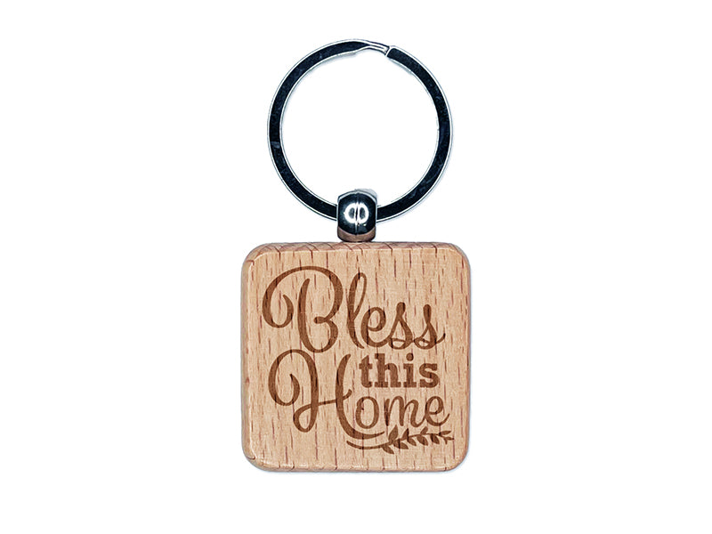 Bless this Home House with Branch Engraved Wood Square Keychain Tag Charm