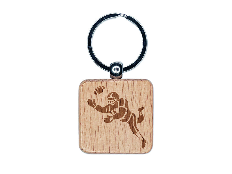 Cartoon American Football Catching Ball Engraved Wood Square Keychain Tag Charm