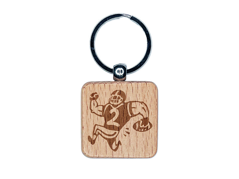 Cartoon American Football Player Running with Ball Engraved Wood Square Keychain Tag Charm