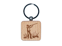 Duck Hunter with Hunting Rifle Engraved Wood Square Keychain Tag Charm