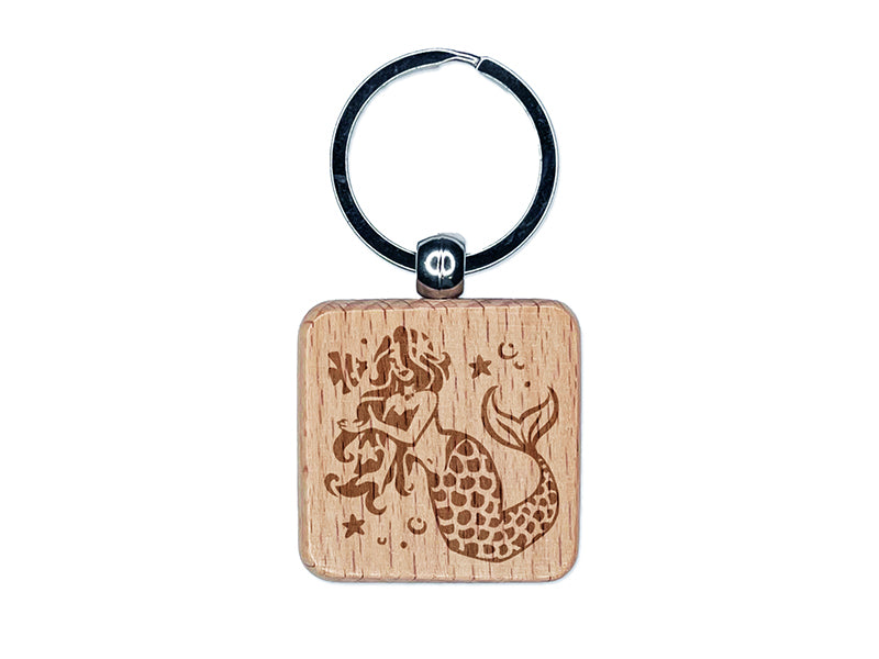Elegant Mermaid Maiden with Butterfly Fish Engraved Wood Square Keychain Tag Charm
