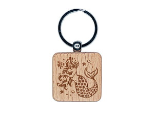 Elegant Mermaid Maiden with Butterfly Fish Engraved Wood Square Keychain Tag Charm
