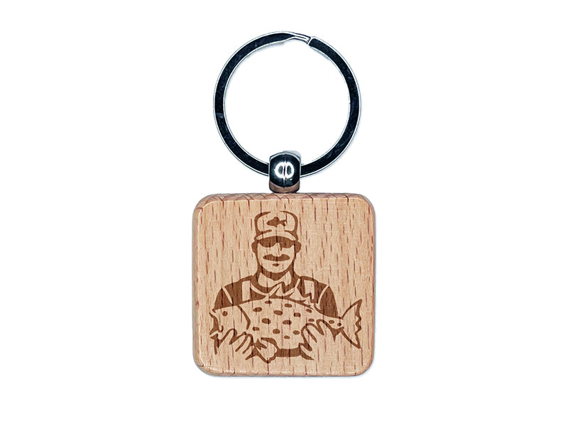 Fisherman Holding Fish Catch Engraved Wood Square Keychain Tag Charm