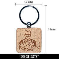 Fisherman Holding Fish Catch Engraved Wood Square Keychain Tag Charm