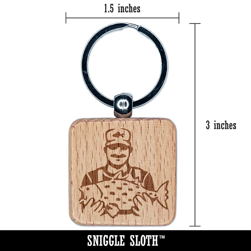 Fisherman Holding Fish Catch Engraved Wood Square Keychain Tag Charm