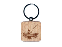 Fisherman in Fishing Boat Engraved Wood Square Keychain Tag Charm