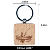 Fisherman in Fishing Boat Engraved Wood Square Keychain Tag Charm