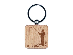 Fisherman with Rod Over Water Engraved Wood Square Keychain Tag Charm