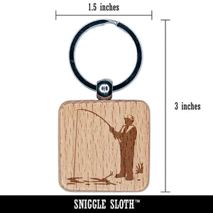 Fisherman with Rod Over Water Engraved Wood Square Keychain Tag Charm