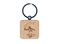 Fly Fisherman Throwing Line Angler Engraved Wood Square Keychain Tag Charm