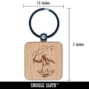 Fly Fisherman Throwing Line Angler Engraved Wood Square Keychain Tag Charm