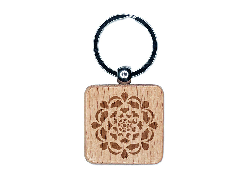 Geometric Artichoke Flower Top Engraved Wood Square Keychain Tag Charm