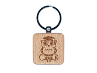 Graduation Owl with Cap and Diploma School College Engraved Wood Square Keychain Tag Charm