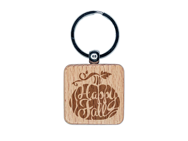 Happy Fall Autumn Harvest Pumpkin with Vine Engraved Wood Square Keychain Tag Charm